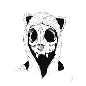 May include: A monochrome illustration featuring a skull within a furry hood with pointed ears. The skull's eye sockets are large, and it has sharp teeth, creating a striking and artistic image.