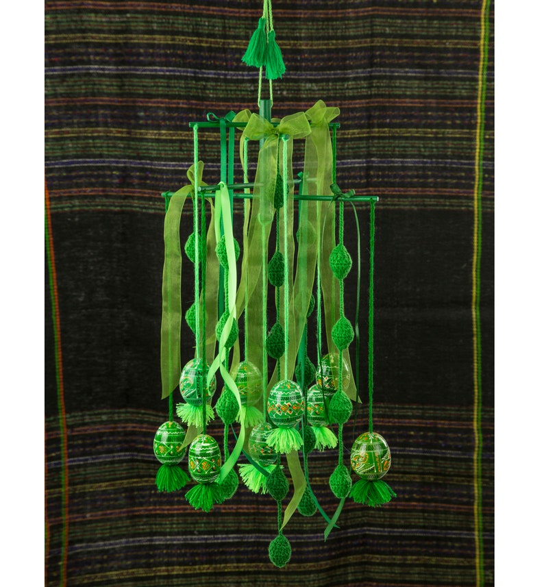 Green Ceiling Ornaments Hanging Mobile Decorations With Painted Wooden Eggs 9 Ukrainian Pysanky Unique Home Decor Or Gift