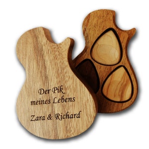 Plectrum holder personalized made of wood in the shape of a guitar for plectrums with desired engraving of your text Plectrum holder storage box plectrum