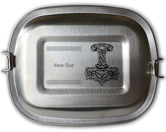 Edelstahl Brotdose Lunchbox mit Gravur Thors Hammer Mjölnir personalisiert mit Wunschgravur Name Wunschtext 3 Größen zur Auswahl Wikinger