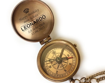 Personalized compass brass vintage look with desired engraving name text various designs great gift idea leather case gift box