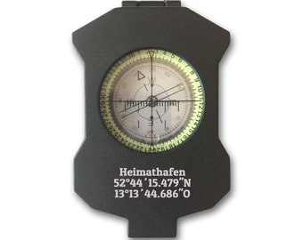 Personalisierter Outdoor Sport Kompass schwarz mit Wunschgravur und Tasche dein Name und Text Geschenkidee Jagd Wandern Survival Camping Rad