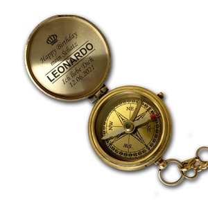 Personalisierter Kompass Messing poliert mit Wunschgravur Name Text verschiedene Designs tolle Geschenkidee Vintage Ledertasche Geschenkbox