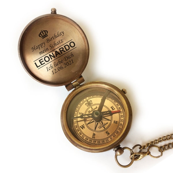 Personalisierter Kompass Messing Vintage Optik mit Wunschgravur Name Text verschiedene Designs tolle Geschenkidee Ledertasche Geschenkbox