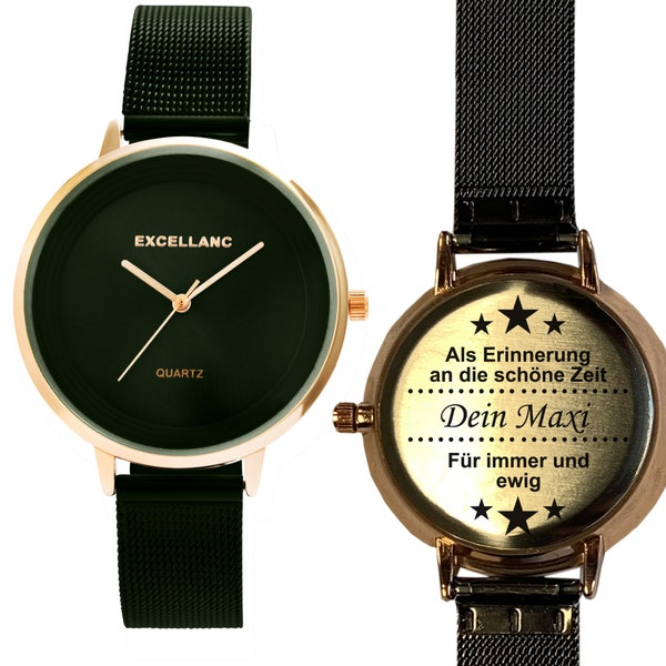 Armbanduhr Damen mit Gravur personalisiert Wunschtext Dein Name Uhr personalisieren Mesharmband Edelstahl Quarzuhr Damenuhr