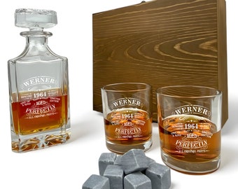 Whisky Geschenk Set Karaffe 700 ml und Gläser mit Gravur verschiedene Motive personalisiert Holzbox Whiskey Glas mit Name und Datum Dekanter