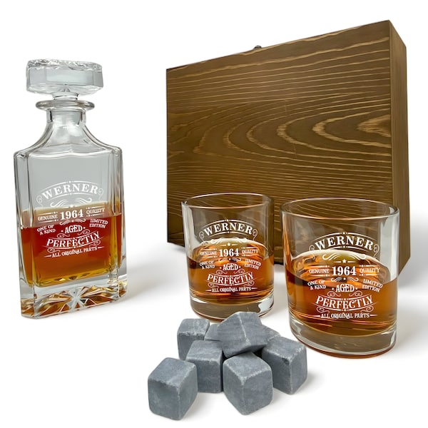 Coffret cadeau whisky carafe 700 ml et verres avec gravure divers motifs boîte en bois personnalisée verre à whisky avec nom et date carafe