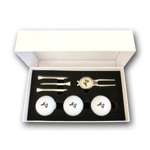Golf ball set personalized with engraving of initials 3 Wilson golf balls, divot repair tool and 3 tees in a white gift box image 4