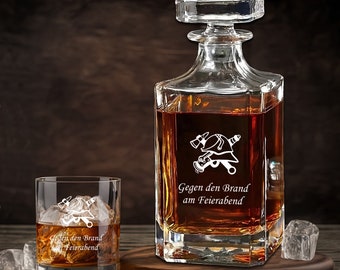 Whisky Set mit Gravur Feuerwehrhelm und Wunschtext Karaffe 700 ml und Gläser personalisiert Holzbox Freiwillige Feuerwehr FFW Geschenk Glas