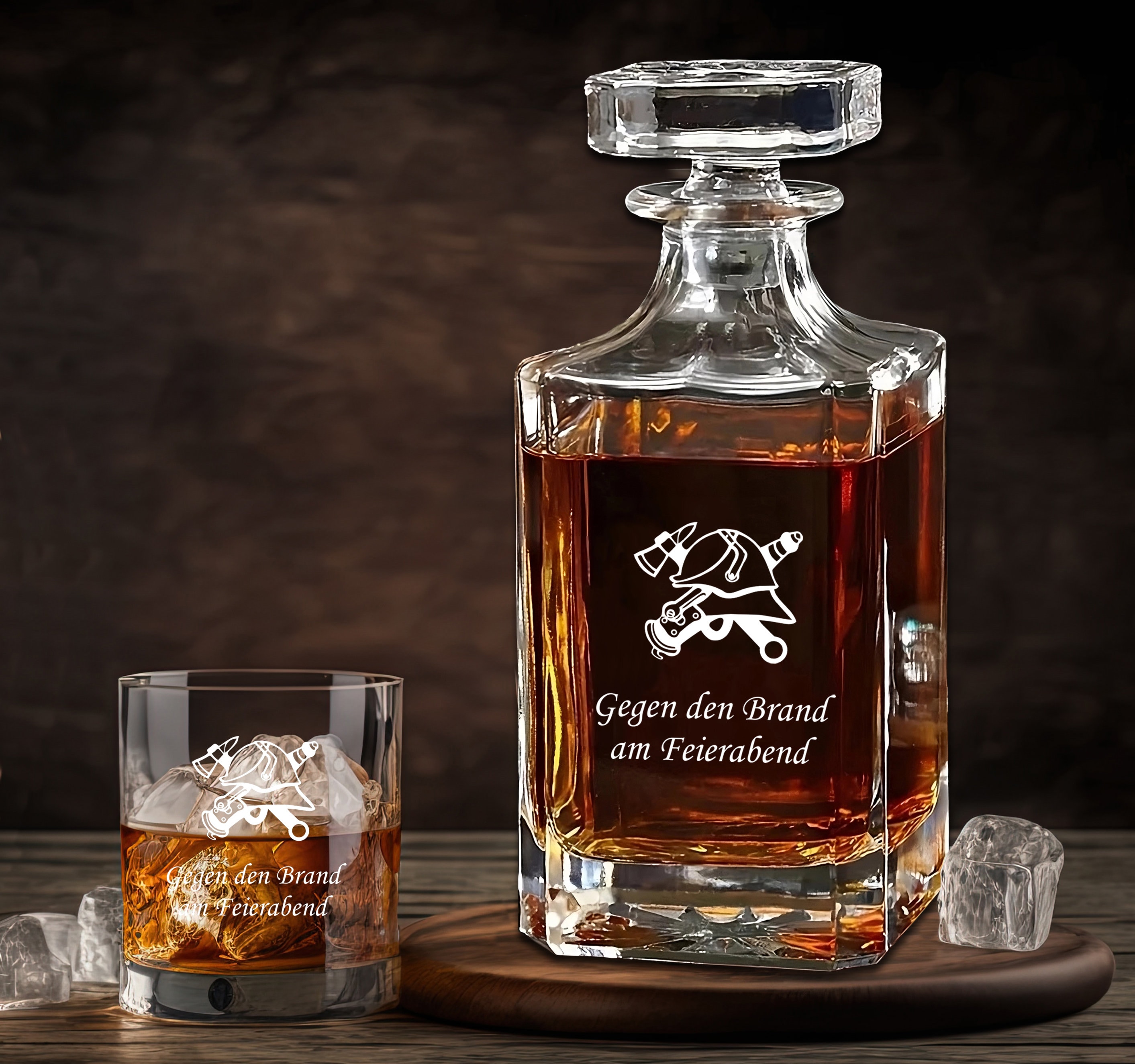 Whisky set with engraving fireman's helmet and desired text carafe 700 ml and glasses personalized volunteer fire department FFW gift glass