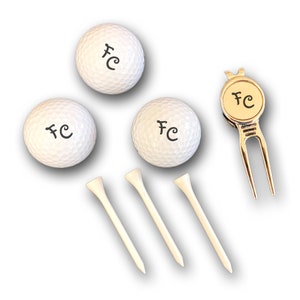 Golf ball set personalized with engraving of initials 3 Wilson golf balls, divot repair tool and 3 tees in a white gift box image 6