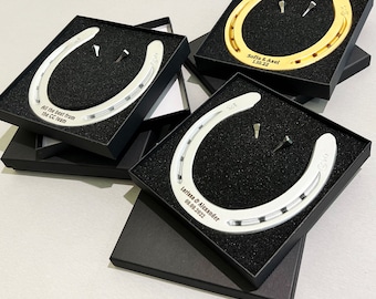 Herradura con grabado personalizado realizada en hierro grueso, herradura de caballo original grabada, lacada en plata o oro, personalizada
