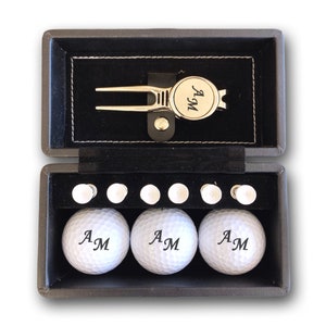 Golf ball set with engraved initials personalized 3 Wilson golf balls pitch fork and 6 tees gift box black desired text gift golfer image 3