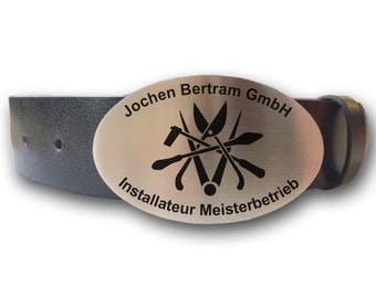 Leather belt with oval belt buckle Guild symbol Installer and desired engraving personalized Your text Name Company name Plumber Workwear