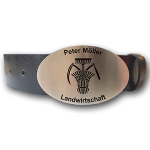 Leather belt with oval belt buckle Guild symbol Farmer and desired engraving personalized Your text Name Gift box Farmer Guild coat of arms