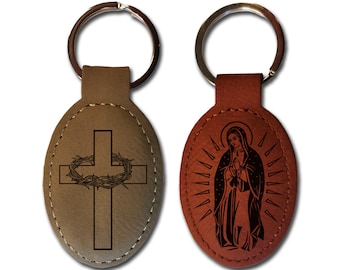 Key ring with church motif engraving 6 motifs faux leather red-brown grey-brown cross angel Mary church Christian confirmation communion