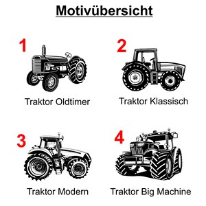 Op de afbeelding: Een afbeelding met vier verschillende tractorontwerpen. De tractoren zijn genummerd van 1 tot en met 4. De ontwerpen zijn gelabeld als "Tractor Oldtimer", "Tractor Klassisch", "Tractor Modern" en "Tractor Big Machine".