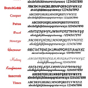 Op de afbeelding: Een grafiek met verschillende lettertypen met het alfabet, cijfers en de naam van het lettertype. De lettertypen omvatten Arial, Hobo, DeutschGothik, Cooper, Patua, Brush, Monotype, Waltograf, Monterey, Kaufmann, Sancreek, Times, Old English en Comic.