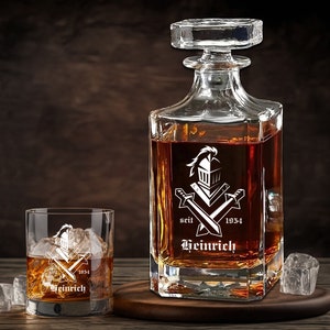 Whisky Set Knight Middle Ages LARP Carafe 700 ml and Glasses with Engraving Various Motifs Personalized Glass with Name Gift