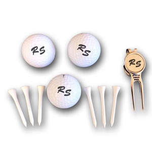 Golf ball set with engraved initials personalized 3 Wilson golf balls pitch fork and 6 tees gift box black desired text gift golfer image 4