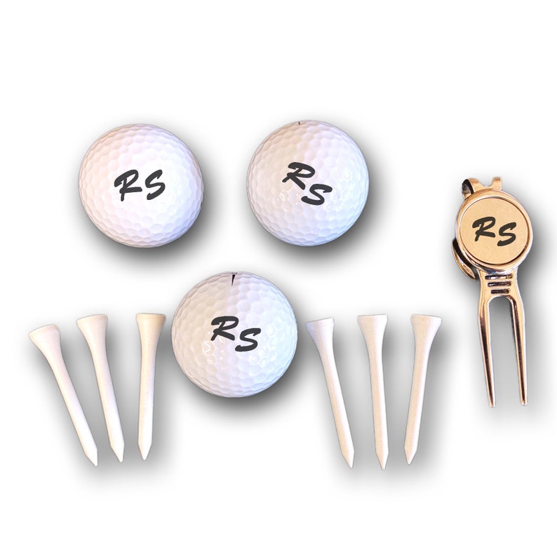Golf ball set with engraved initials personalized 3 Wilson golf balls pitch fork and 6 tees gift box black desired text gift golfer image 4