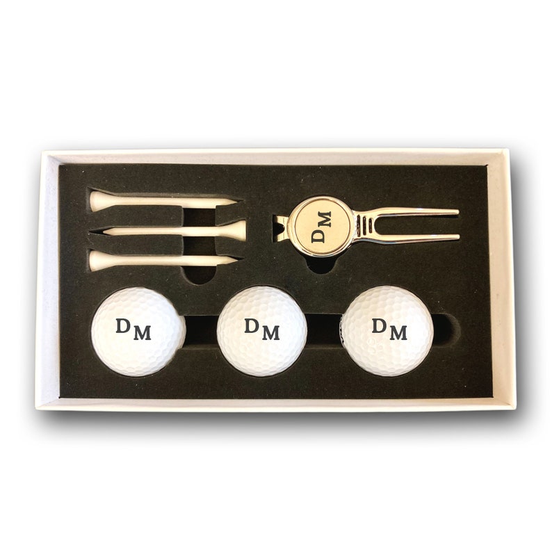 Golf ball set personalized with engraving of initials 3 Wilson golf balls, divot repair tool and 3 tees in a white gift box image 2