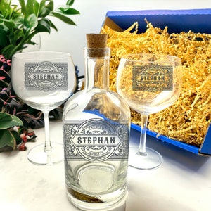 Gin Glass Gift Set Bottle and Glasses with Engraving Various Motifs Cocktail Glass Gin Glass Gin Set Gift Box Apothecary Bottle Gift Set