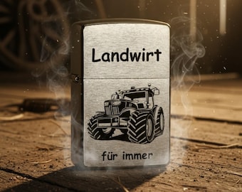 Zippo® Benzinfeuerzeug Traktor Landwirt personalisiert Gravur Wunschtext Name Personalisieren Trecker Sturmfeuerzeug Chrome Brushed Oldtimer