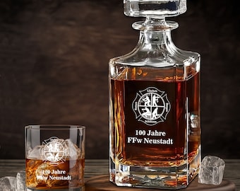 Personalisiertes Whisky Set mit Gravur Feuerwehr und Wunschtext Karaffe 700 ml und Gläser Holzbox Freiwillige Feuerwehr FFW Geschenk Glas