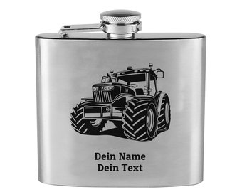 Hip flask with engraved tractor motif and desired text personalized stainless steel farmer farmer tractor also as a gift set with desired engraving name