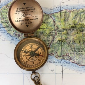 Personalisierter Kompass Messing Vintage Optik mit Wunschgravur Name Text verschiedene Designs tolle Geschenkidee Ledertasche Geschenkbox Bild 6