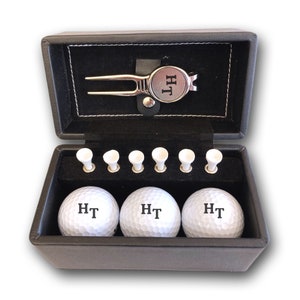 Golf ball set with engraved initials personalized 3 Wilson golf balls pitch fork and 6 tees gift box black desired text gift golfer image 2
