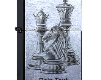 Pezzi degli scacchi scacchi incisi al laser personalizzati con il testo desiderato Zippo®. Regina, re e cavallo degli scacchi Personalizza il tuo testo