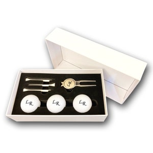 Golf ball set personalized with engraving of initials 3 Wilson golf balls, divot repair tool and 3 tees in a white gift box image 1
