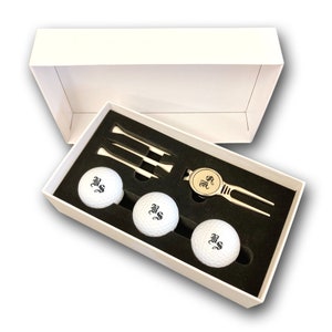 Golf ball set personalized with engraving of initials 3 Wilson golf balls, divot repair tool and 3 tees in a white gift box image 5