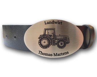 Cinturón de cuero con hebilla de cinturón ovalado Tractor y grabado de deseos personalizado Su texto Nombre Agricultor Agricultor Cinturón de tractor Regalo Bulldog