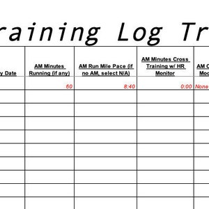 May include: A white training log tracker with black text. The title "Training Log Tracker" is at the top. Columns include "AM Minutes Running", "AM Run Mile Pace", "AM Cross Training", and "Describe Any Supplement Work".