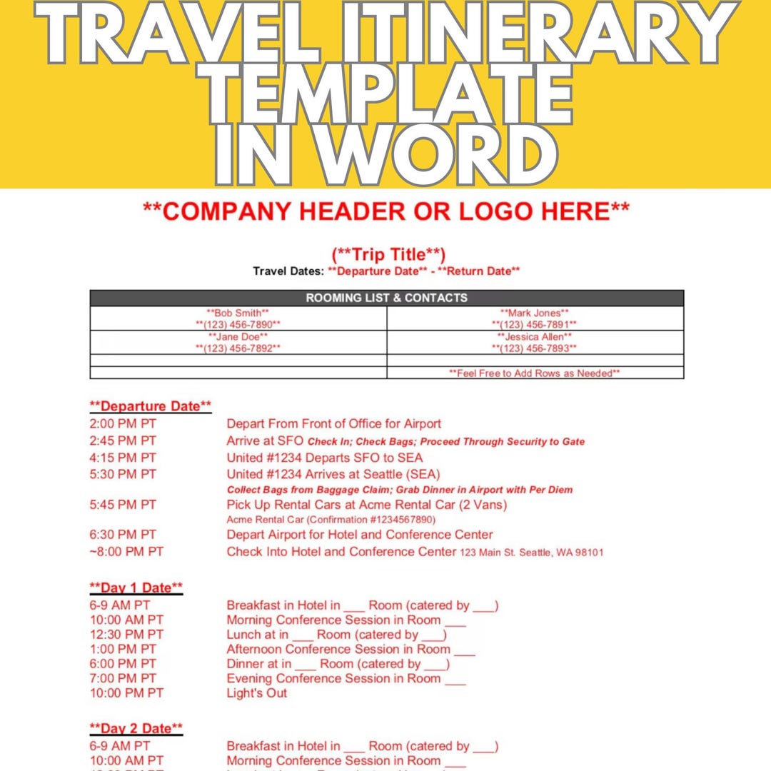 Travel Itinerary Template in Word - Etsy