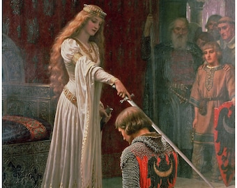 Lámina artística prerrafaelita: El galardón de Edmund Leighton
