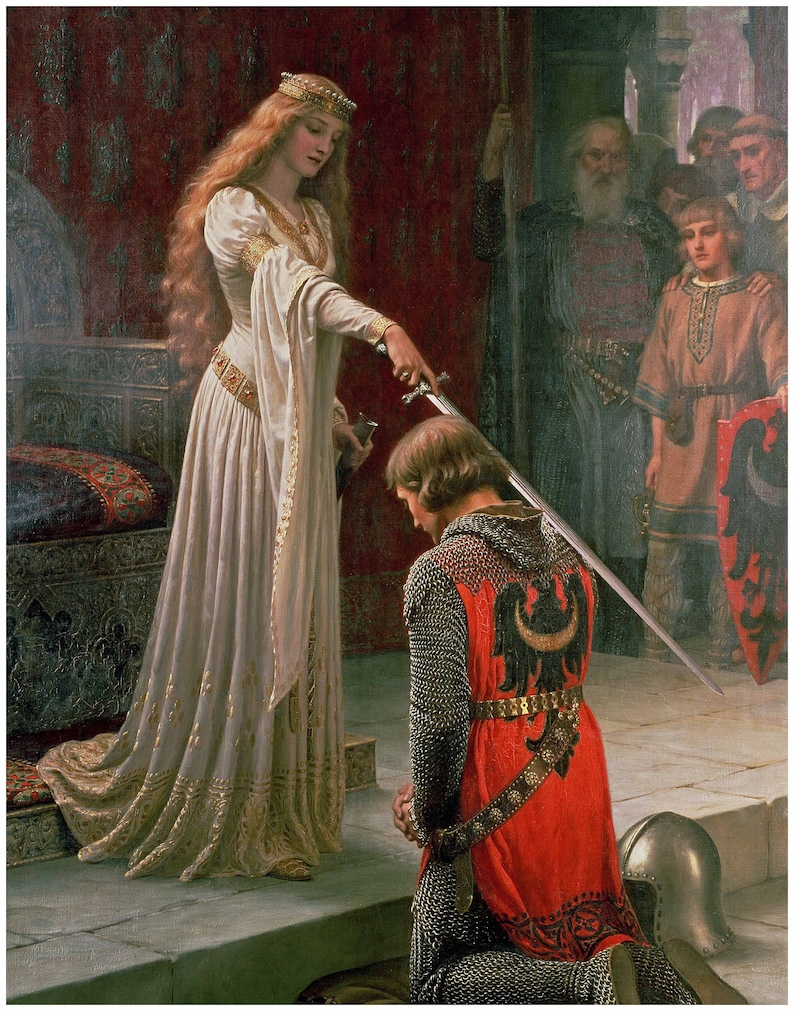 May include: A woman in a white gown and crown is kneeling before a man in armour. She is holding a sword over his head. The man is kneeling on one knee and has his hands clasped in front of him. There are other people in the background, including a man with a long beard and a young boy.