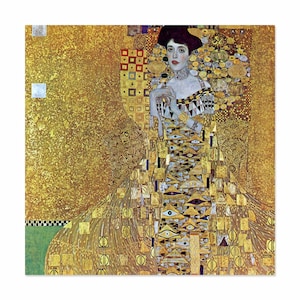 May include: A portrait painting of a woman in a gold dress with a geometric pattern. The background is a gold and black abstract design.