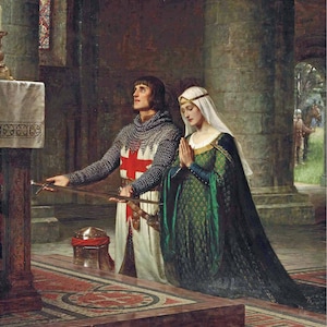 DEDICATION: Pre-Raphaelite Art Print by Edmund Leighton. Medieval Theme. Knight & Armor. Ready-to-Frame. Choose Size. Paper, or Canvas.