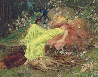 Arthur Wardle Print: Pre-Raphaelite Woman with Forest Animals
