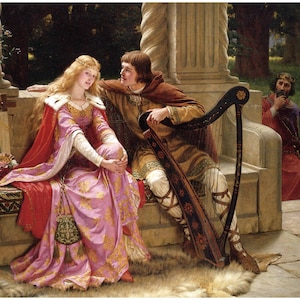 TRISTAN & ISOLDE Edmund Leighton: Romantic Music Scene. Beautiful Harp Music. Unframed Wall Art Print Decor. Famous Pre-Raphaelite Painting