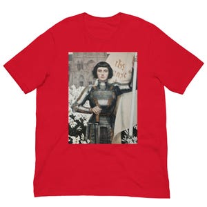 Wearable Art: JOAN OF ARC Famous Woman of History. Unisex Cotton T-Shirt - Red White or Blue. Size Small to 4XL