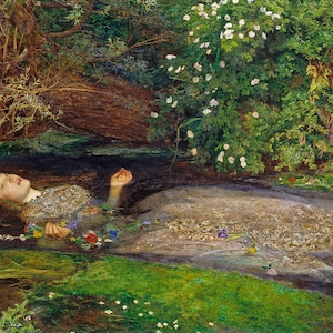 OPHELIA John Everett Millais: a scene from William Shakespeare&#39;s drama play, Hamlet. Reproduction Wall Art Print. Unframed Home Office Decor