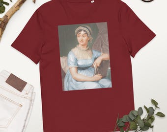 Wearable Art: JANE AUSTEN Art Portrait of Famous Woman Author - Unisex Organic Ribbed-Neck T-Shirt