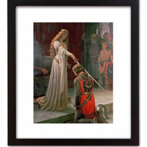 May include: A painting depicting a woman in a white gown and crown, holding a sword over a kneeling man in armour. The woman is surrounded by other people in the background.