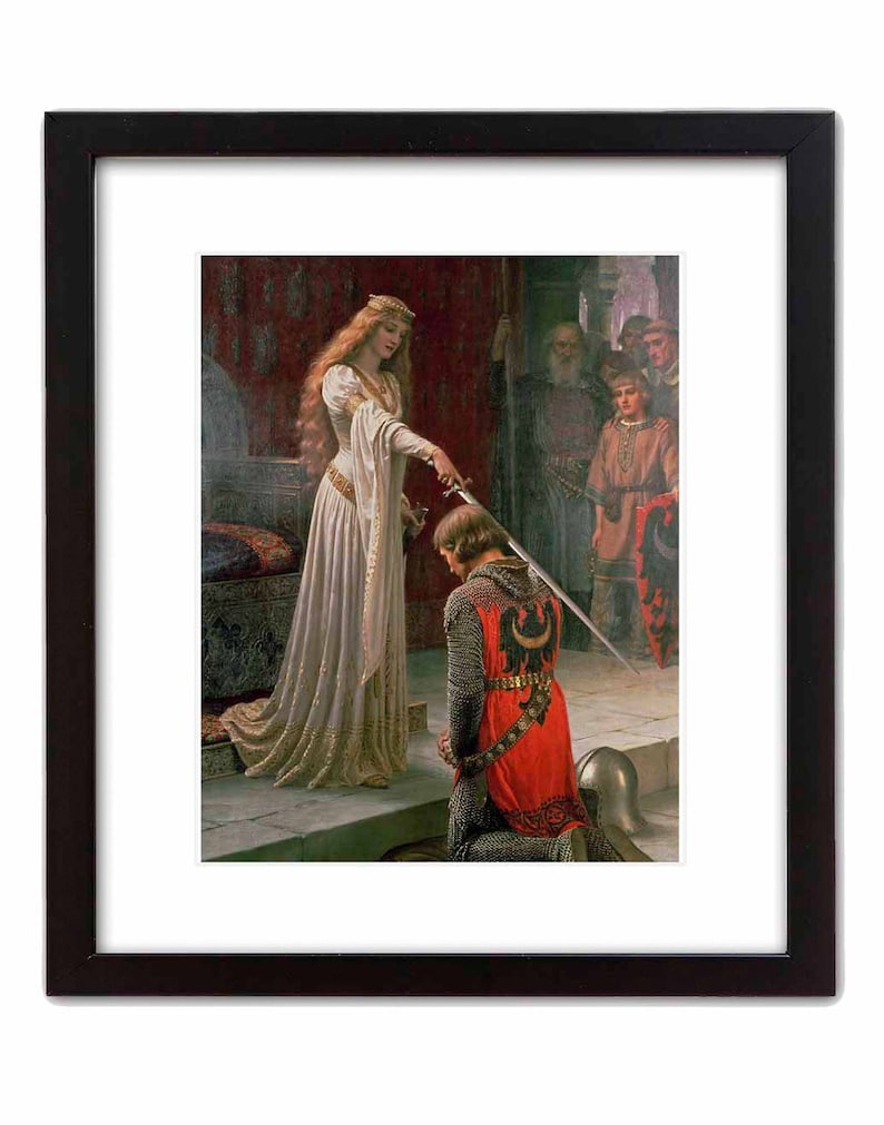 May include: A painting depicting a woman in a white gown and crown, holding a sword over a kneeling man in armour. The woman is surrounded by other people in the background.