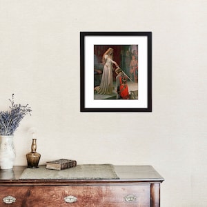 May include: A framed painting depicting a woman in a white gown presenting a sword to a kneeling man in red and gold armour. The woman is standing on a stone step and the man is kneeling on the ground. The painting is set in a medieval castle setting.